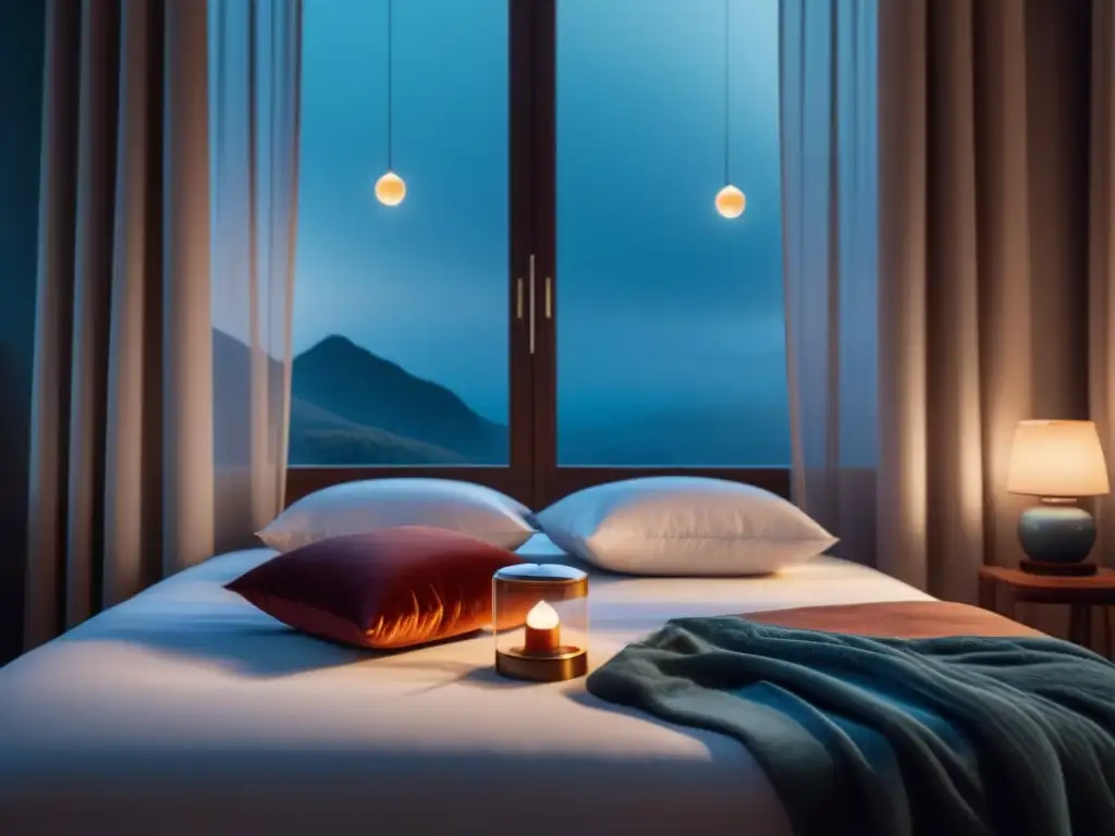 Acogedora habitación nocturna iluminada por la luna, con beneficios del Reiki para dormir