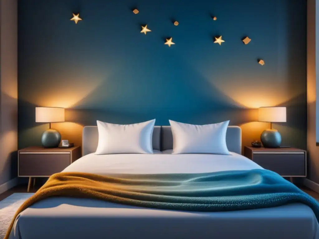 Dormitorio tranquilo de noche con luz suave y estrellas Acogedora habitación nocturna con suplementos para el sueño efectivos