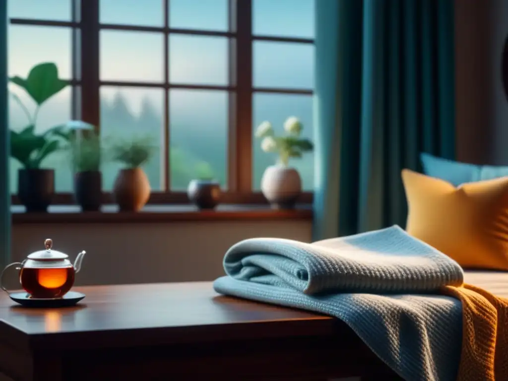 Acogedora sala con luz natural, jardín tranquilo y suplementos para bienestar mental hogar