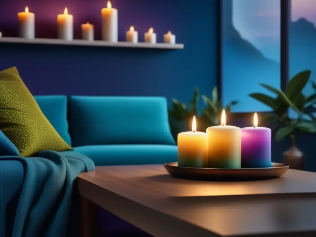 Salón minimalista en 8k con velas de cromoterapia Acogedora sala con las mejores velas cromoterapia, creando energía positiva en el hogar