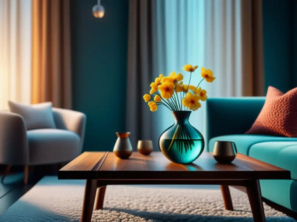 Serenidad floral en sala: luz suave, libros abiertos y manta acogedora Acogedora sala minimalista con flores de Bach vibrantes, libros abiertos y manta tejida, transmitiendo tranquilidad y beneficios Flores de Bach