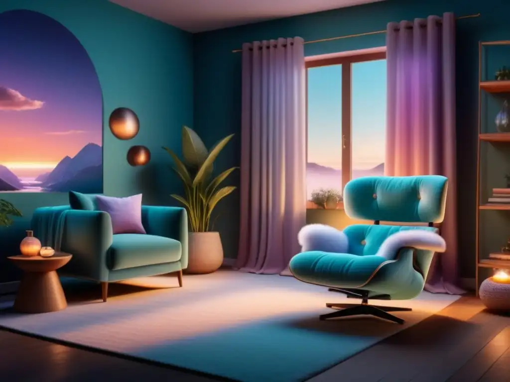 Refugio sereno en tonos pastel para relajación y aprendizaje Acogedora sala minimalista en tonos pastel con rincón de lectura, lámpara de sal y luz suave