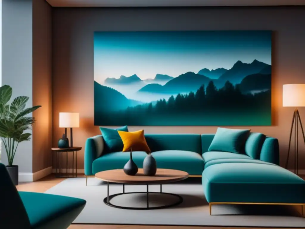 Una acogedora sala moderna con iluminación inteligente para ambientes personalizados, destacando elegancia y calidez