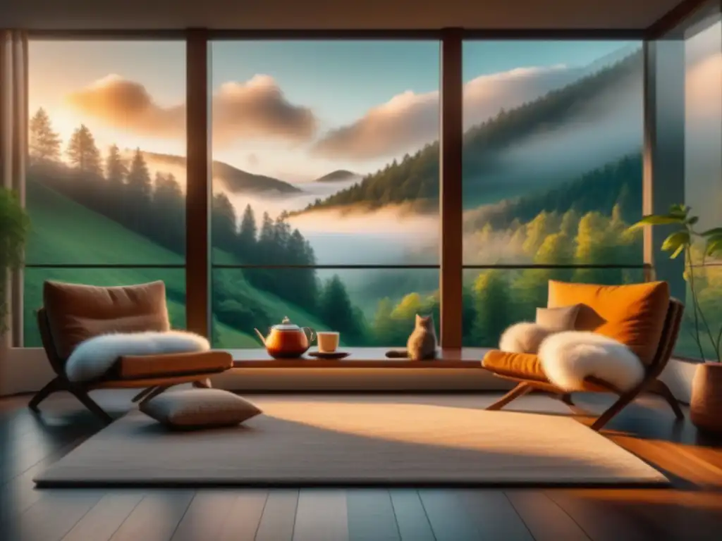 Refugio en el bosque: Sala serena con terapia animal Acogedora sala con vista al bosque, luz cálida del atardecer