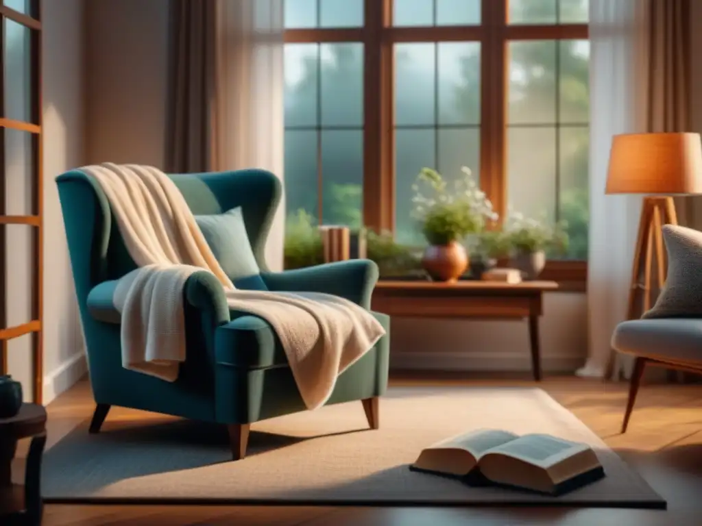 Salón sereno para relajarse en casa con vista al jardín Acogedora sala con vista a jardín tranquilo, silla cómoda, manta suave, libros, té y difusor de aceites esenciales