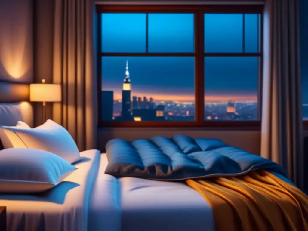 Acogedora habitación con iluminación suave, cama acogedora, libros en la mesita y ventana con vista nocturna relajante