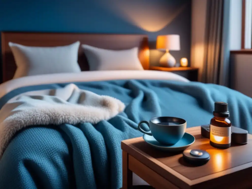 Acogedora habitación minimalista para relajarse y dormir mejor Acogedora habitación con iluminación tenue, cama hecha y una taza de té, perfecta para mejorar sueño