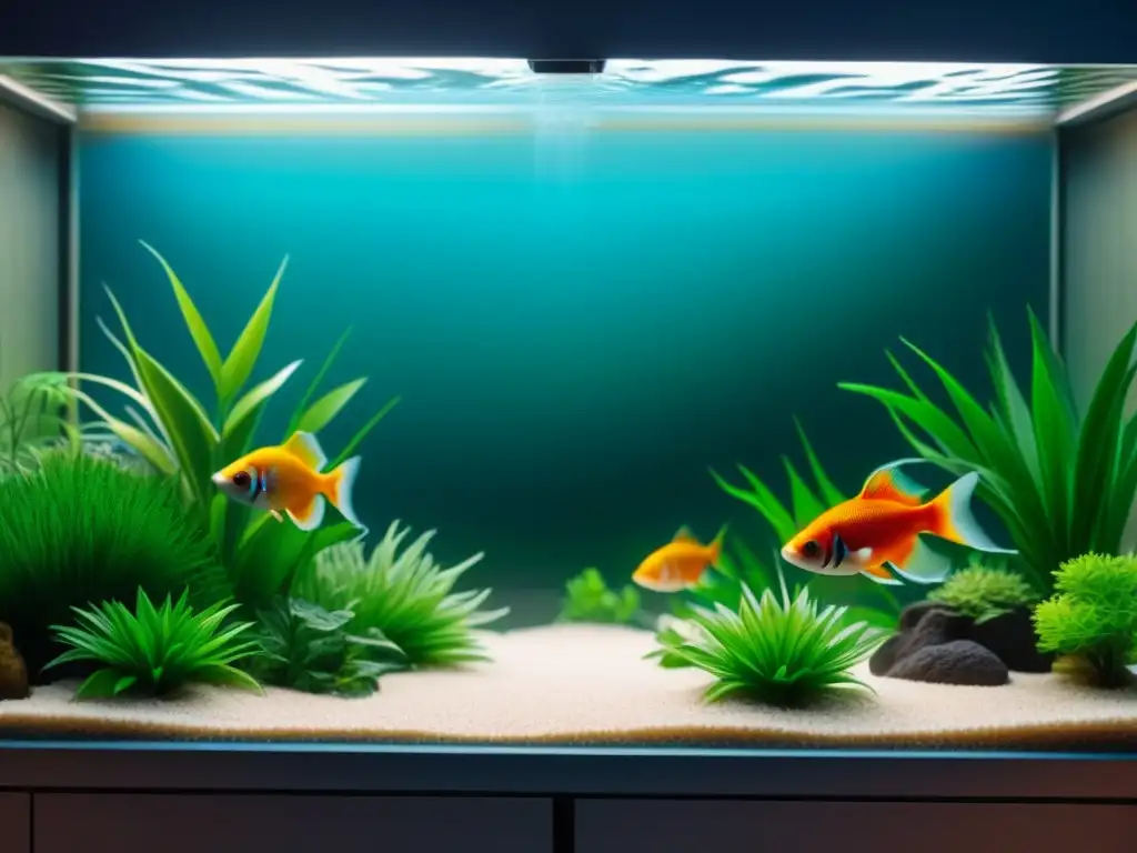 Acuario hogareño: paz y color con peces exóticos Un acuario casero elegante con peces exóticos coloridos y plantas acuáticas, iluminado por una suave luz