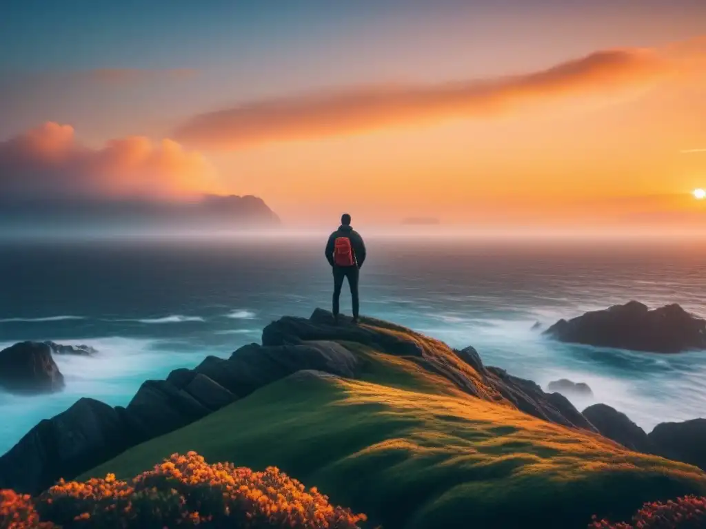 Resiliencia al atardecer: contemplando el mar desde la cima Un alma solitaria en el acantilado, mirando al mar al atardecer con una luz cálida