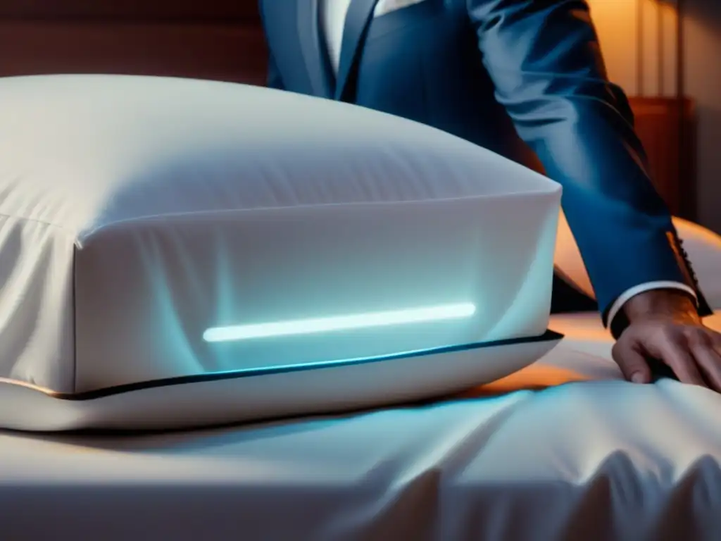 Pillow de espuma viscoelástica con tecnología: diseño avanzado en blanco Almohada con tecnología para dormir en cama blanca, iluminada suavemente