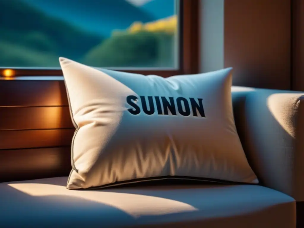 Almohada de viaje compacta y resistente en un asiento de ventana soleado Una almohada de viaje descansa en un asiento junto a la ventana, iluminada por el sol