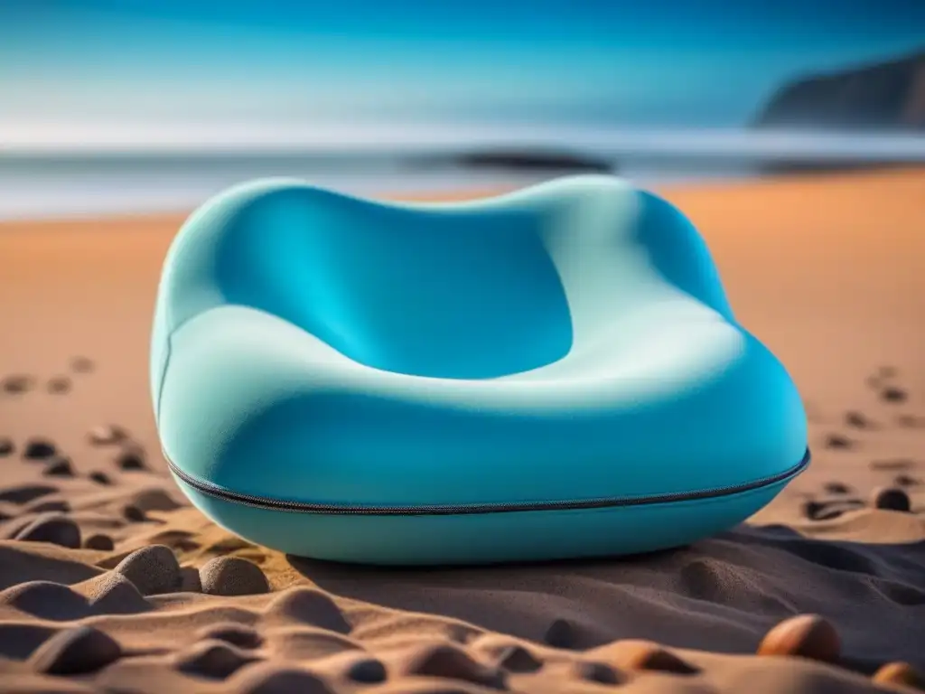 Almohada de viaje ergonómica en azul cielo con efecto relajante Almohada de viaje de espuma viscoelástica en azul cielo, con funda suave y entorno de playa tranquila para relajarse