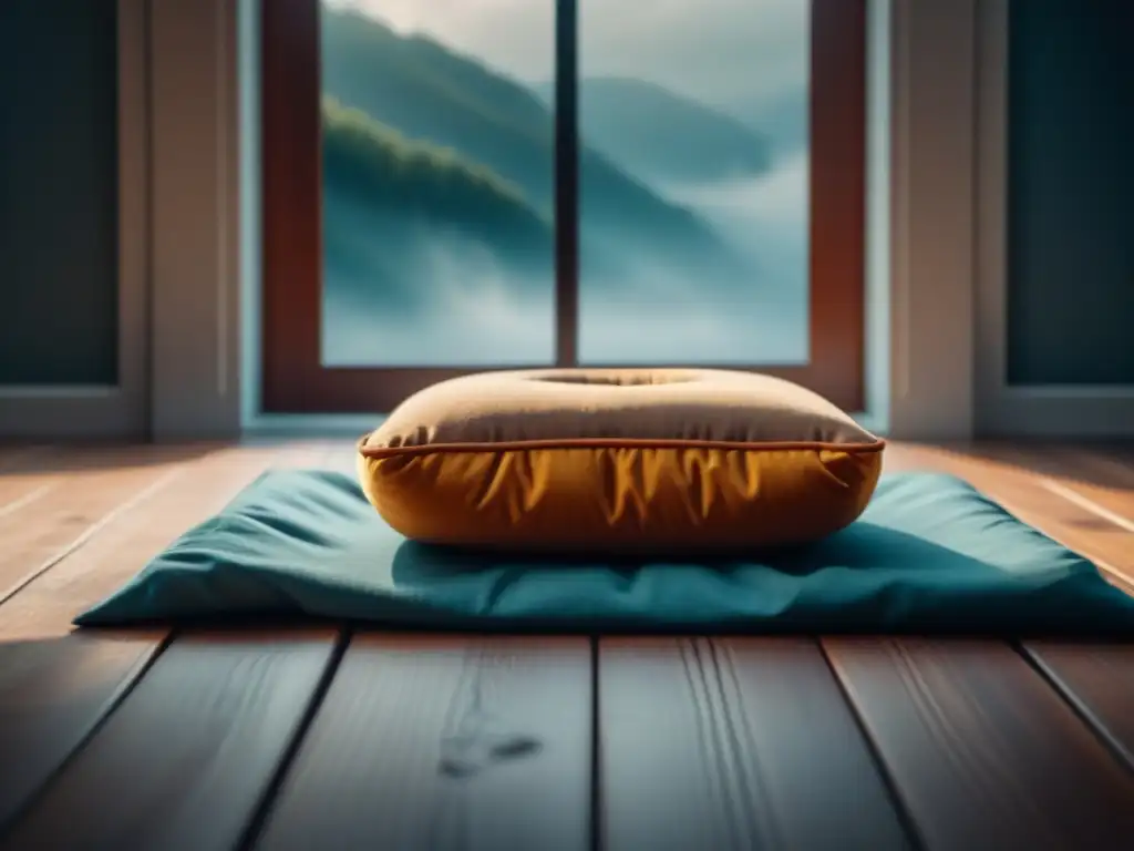 Cojín de meditación de alta calidad en ambiente sereno Un cojín de meditación de alta calidad en un ambiente sereno y minimalista, iluminado por luz natural