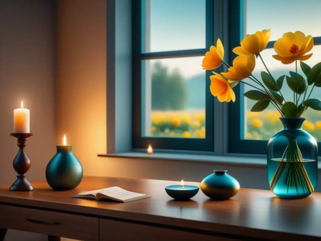 Altar de gratitud: escena serena en 8k Un altar de gratitud en casa: mesa de madera con vela encendida, flores frescas, nota de agradecimiento y piedra pulida, iluminados por luz natural