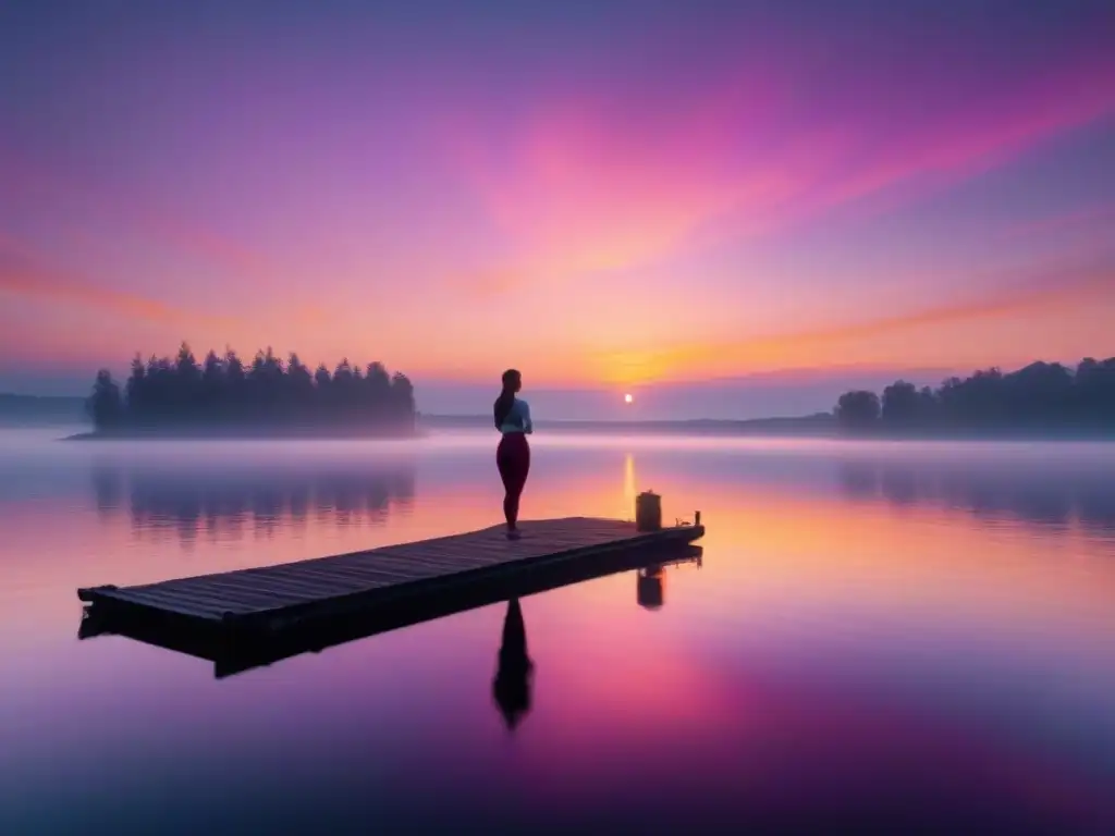Esencia de paz: amanecer sereno con yoga junto al lago Un amanecer sereno sobre un lago, con niebla y una figura practicando yoga