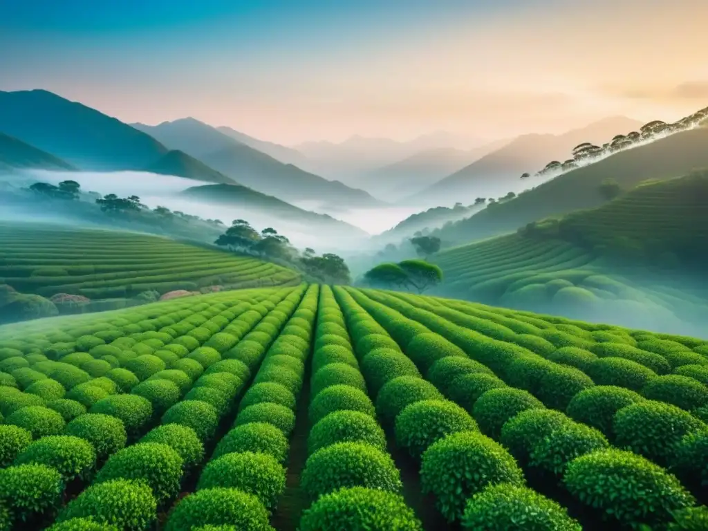 Un amanecer sereno en una plantación de té verde, hojas brillantes con rocío, montañas brumosas