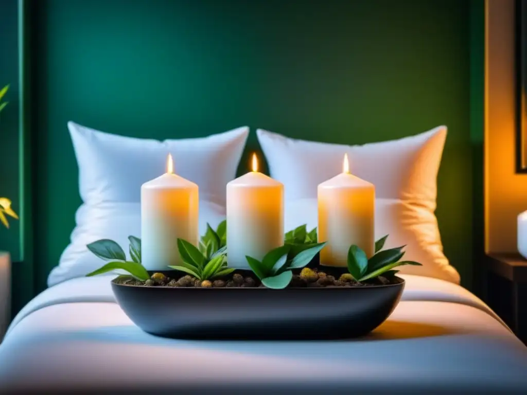 Refugio sereno: difusor blanco en ambiente elegante y natural Decoración con aromaterapia para relajación: ambiente elegante y sereno con difusor blanco emitiendo suave neblina aromática, velas y plantas verdes