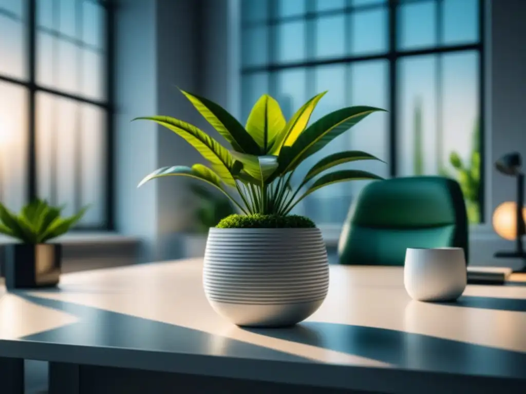 Oficina minimalista con planta verde: pureza y serenidad corporativa Un ambiente de oficina minimalista y elegante con una gran planta verde en primer plano, creando un aura cálida y acogedora