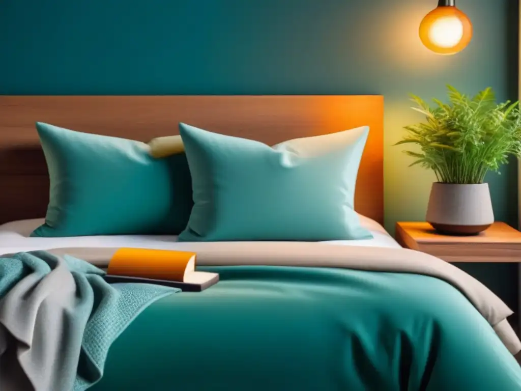 Escena nocturna relajante en dormitorio minimalista 'Ambiente relajante para tisanas nocturnas en casa: cama acogedora con almohadas suaves y lámpara cálida