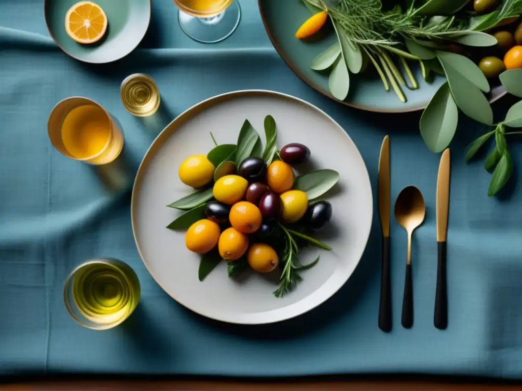 Exquisita mesa mediterránea: cena elegante y relajante Un ambiente sereno y elegante en una mesa de comidas relajantes para hogar con platillos inspirados en el Mediterráneo