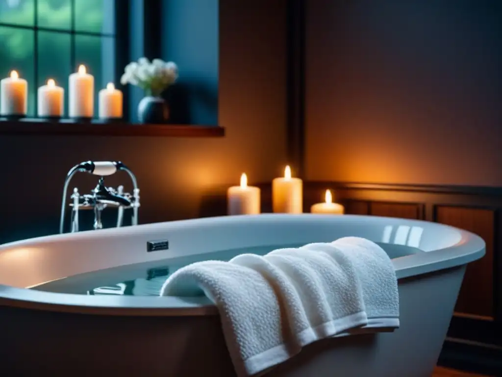 Baño relajante: atmósfera de tranquilidad y lujo Un ambiente sereno y minimalista con una bañera moderna, velas encendidas y toallas blancas