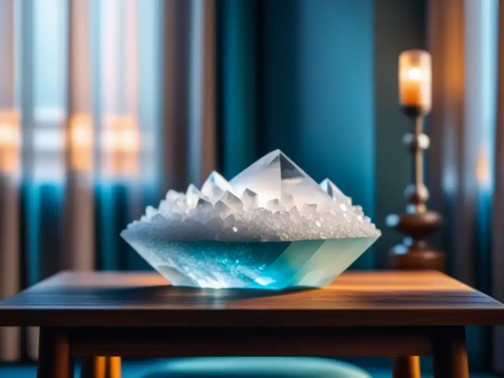 Espacio de meditación sereno con cuarzo claro en mesa moderna Ambiente sereno con cuarzo, decoración minimalista y beneficios de cristales para relajación