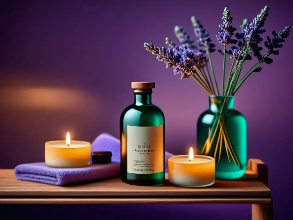Ambiente sereno de spa con esencias y velas iluminadas