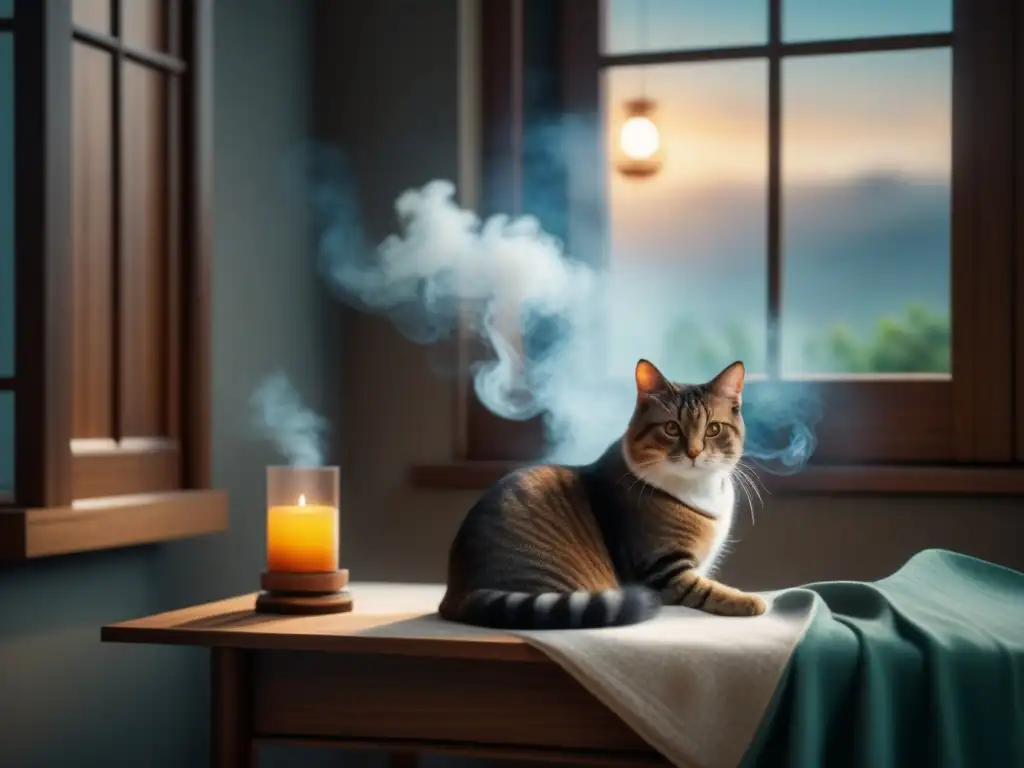 Armonía hogareña: gato durmiendo junto a incienso encendido Un ambiente tranquilo y armonioso con incienso seguro para mascotas y un gato dormido en una acogedora sala