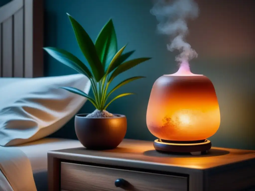 Lámpara de sal iluminando un rincón de paz Un ambiente tranquilo ideal para meditar en casa, con una lámpara de sal brillante sobre una mesa de noche de madera y una planta pequeña al lado