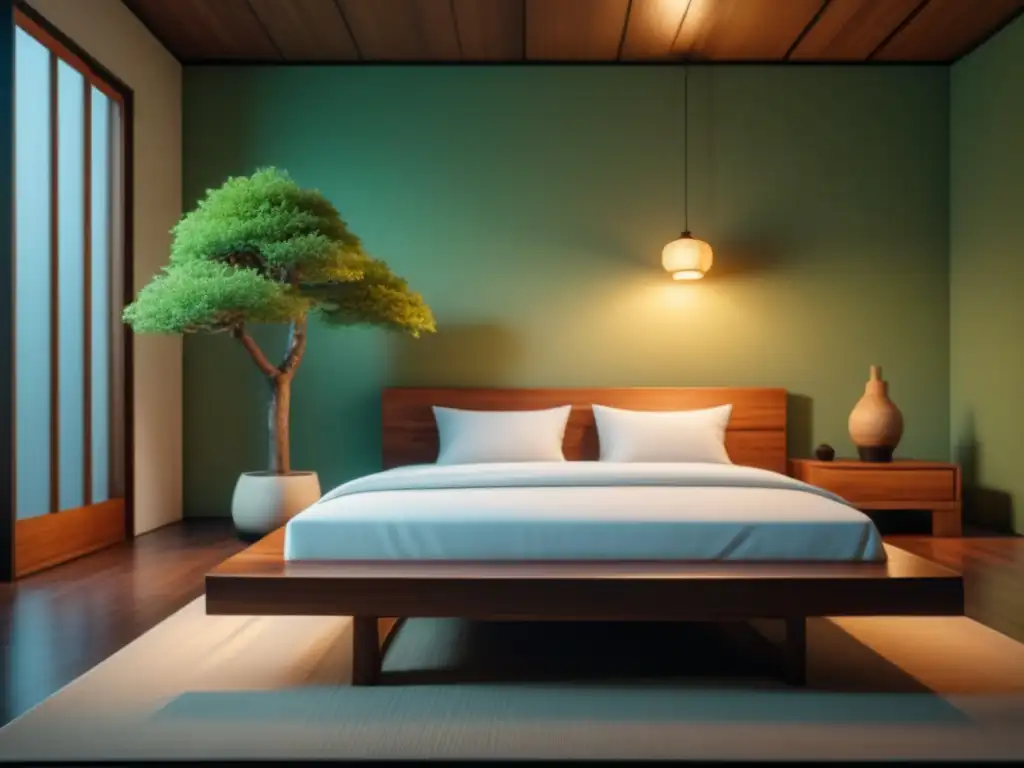 Dormitorio minimalista: paz y serenidad Iluminación zen para ambientes relajantes: Dormitorio minimalista con luz suave, cama blanca, bonsái y decoración japonesa