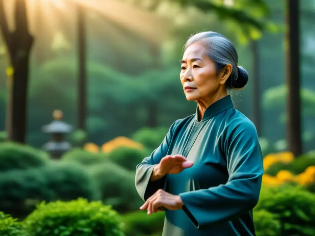 Tai Chi al amanecer: serenidad y armonía en un jardín exuberante Una anciana asiática practica Tai Chi en un jardín sereno al amanecer, resaltando los beneficios del Tai Chi en relajación