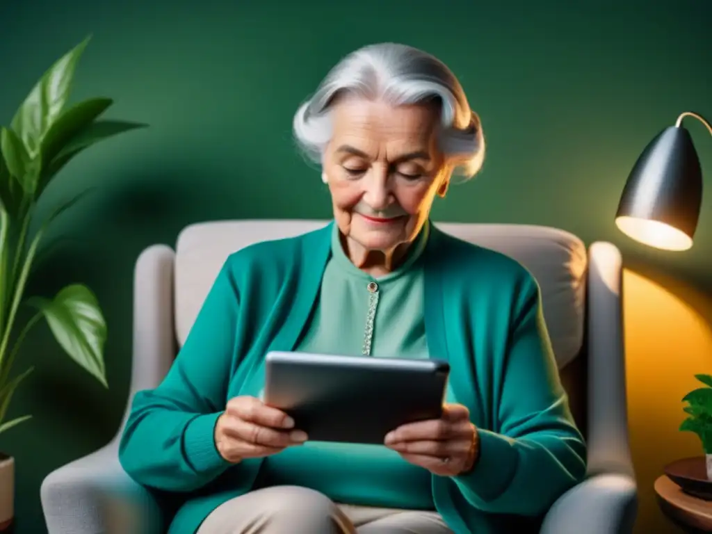 Tranquilidad digital: Mujer mayor disfrutando una app relajante Una anciana elegante disfruta de una app relajante en su tablet en un ambiente sereno y luminoso, rodeada de plantas verdes