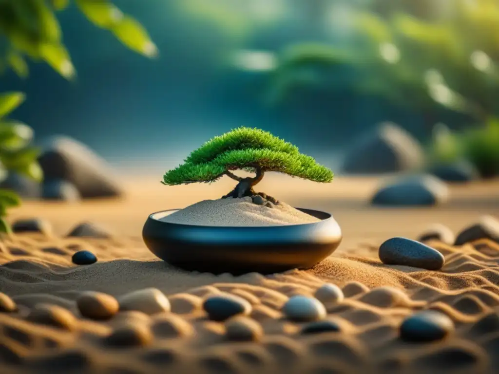 Jardín zen: armonía y serenidad Jardín zen con arena rastrillada, rocas y bonsái, bañado por la luz solar