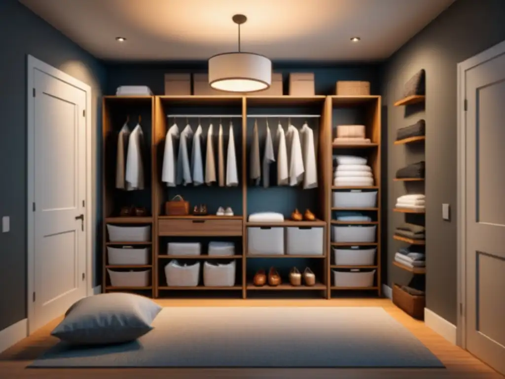 Organización perfecta en un armario pequeño Un armario perfectamente organizado en un espacio pequeño, con ropa doblada, zapatos ordenados y contenedores etiquetados para una solución de almacenaje minimalista y eficiente
