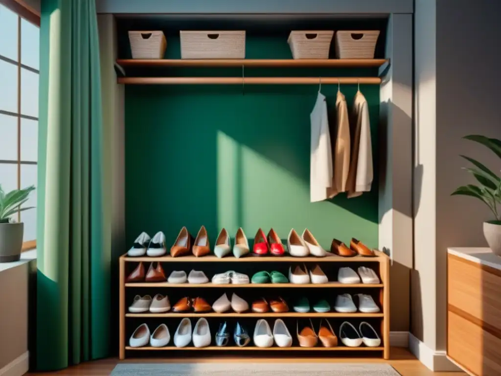 Armario minimalista y ordenado con detalle en 8k Un armario perfectamente organizado en tonos neutros con toques de verde, iluminado por luz natural