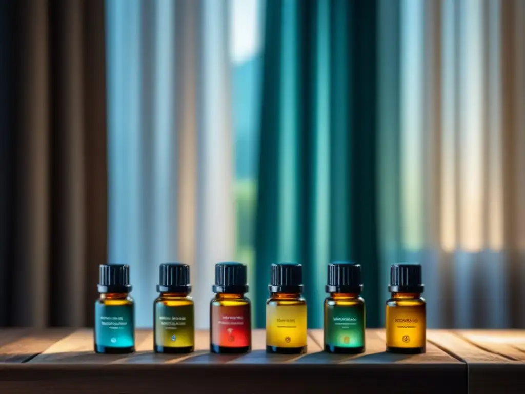 Armonía multicultural: esencias naturales en botellas Armonía de aceites esenciales para relajación en casa en botellas sobre madera iluminada