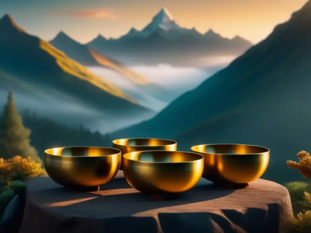Armonía en la montaña: Cuencos tibetanos al amanecer Armonía de cuencos tibetanos en paisaje montañoso al amanecer, invita a explorar técnicas de relajación