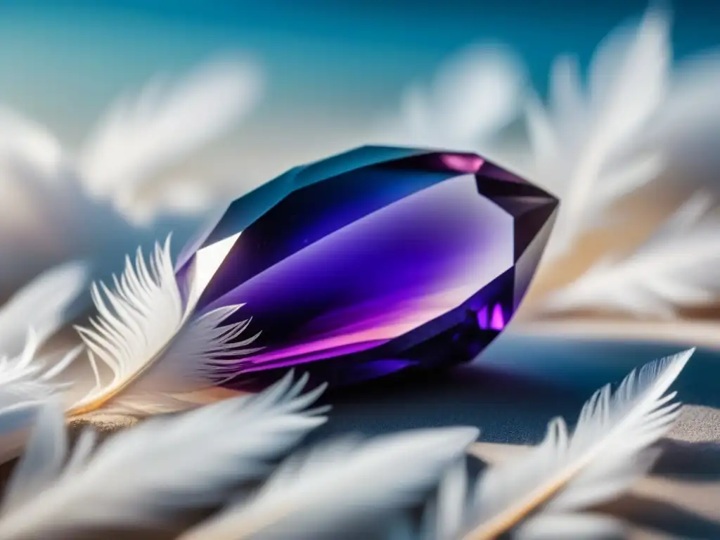 Amatista en plumas: armonía y serenidad Armonía y paz: un cristal de amatista sobre plumas blancas transmiten beneficios de cristales para relajación