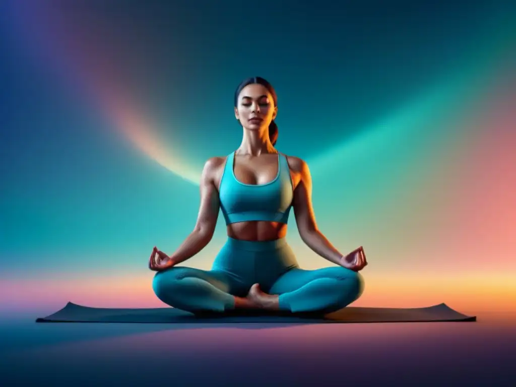 Paz interior: ilustración minimalista de serenidad en postura de yoga Armonía y paz interior con yoga en casa: ilustración minimalista de persona en postura de yoga rodeada de colores suaves y luz etérea