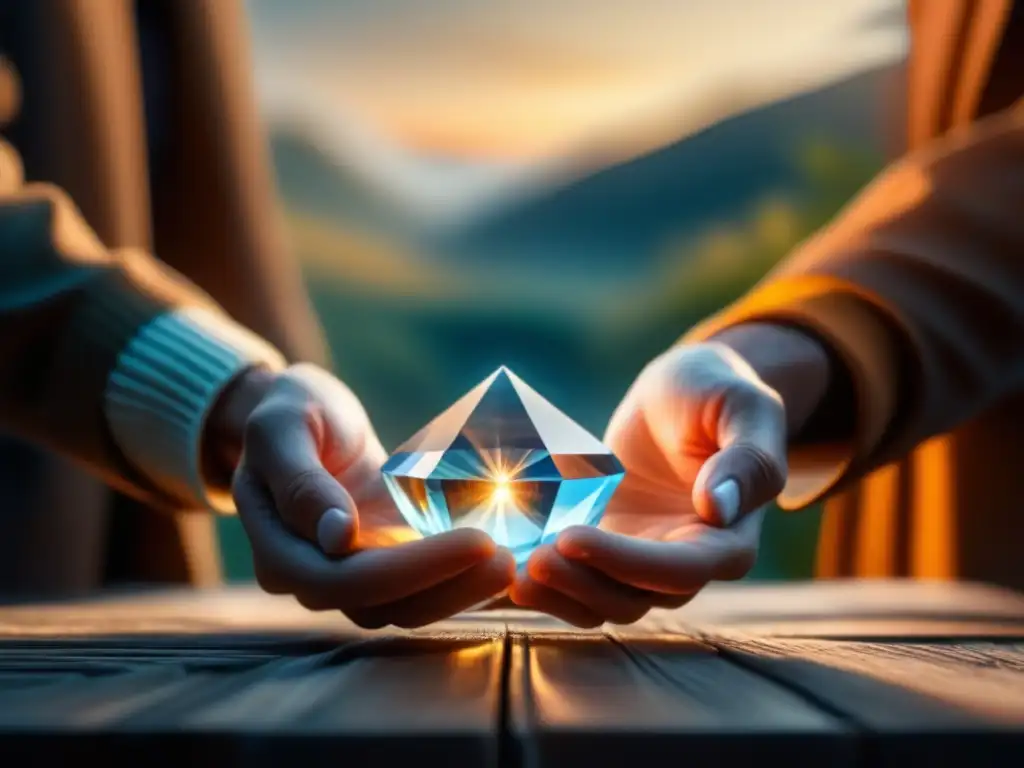 Armonía y energía sanadora: manos sobre cristal Armonía y sanación: manos sobre cristal brillante, luz cálida, madera