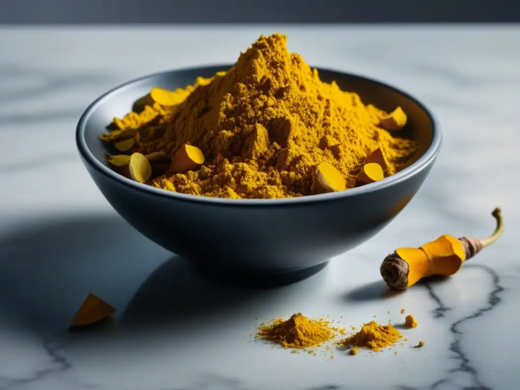 Armonía y serenidad: cuenco con cúrcuma amarilla en raíces sobre mármol blanco