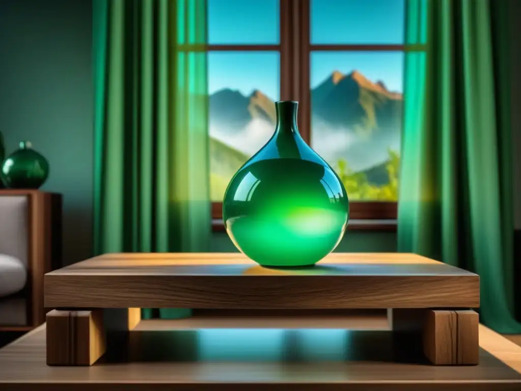Armonía en Casa: Cristal de Jade iluminando un Interior Sereno Armonía y serenidad en el hogar con un cristal de jade emitiendo energía relajante