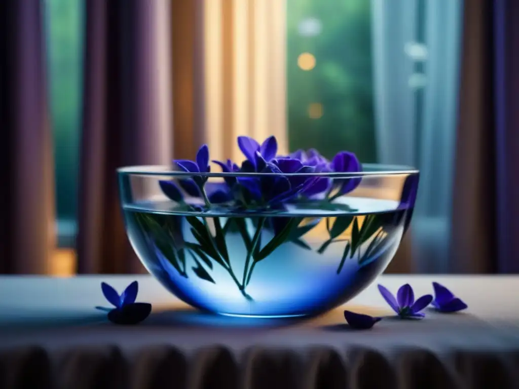 Armonía floral: cuenco de cristal con pétalos de lavanda flotando Armoniosa combinación de agua y aromaterapia relajantes con pétalos de lavanda flotando en un cuenco de cristal