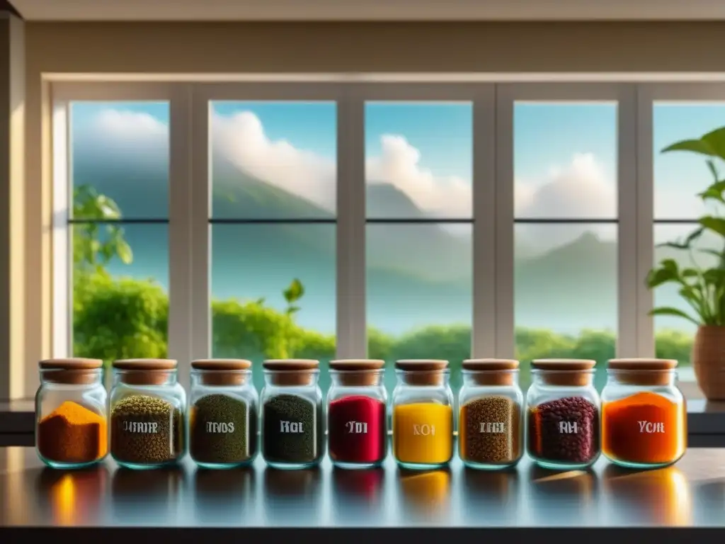 Armoniosa cocina con especias ayurvédicas coloridas en frascos de vidrio, bañadas por una cálida luz solar