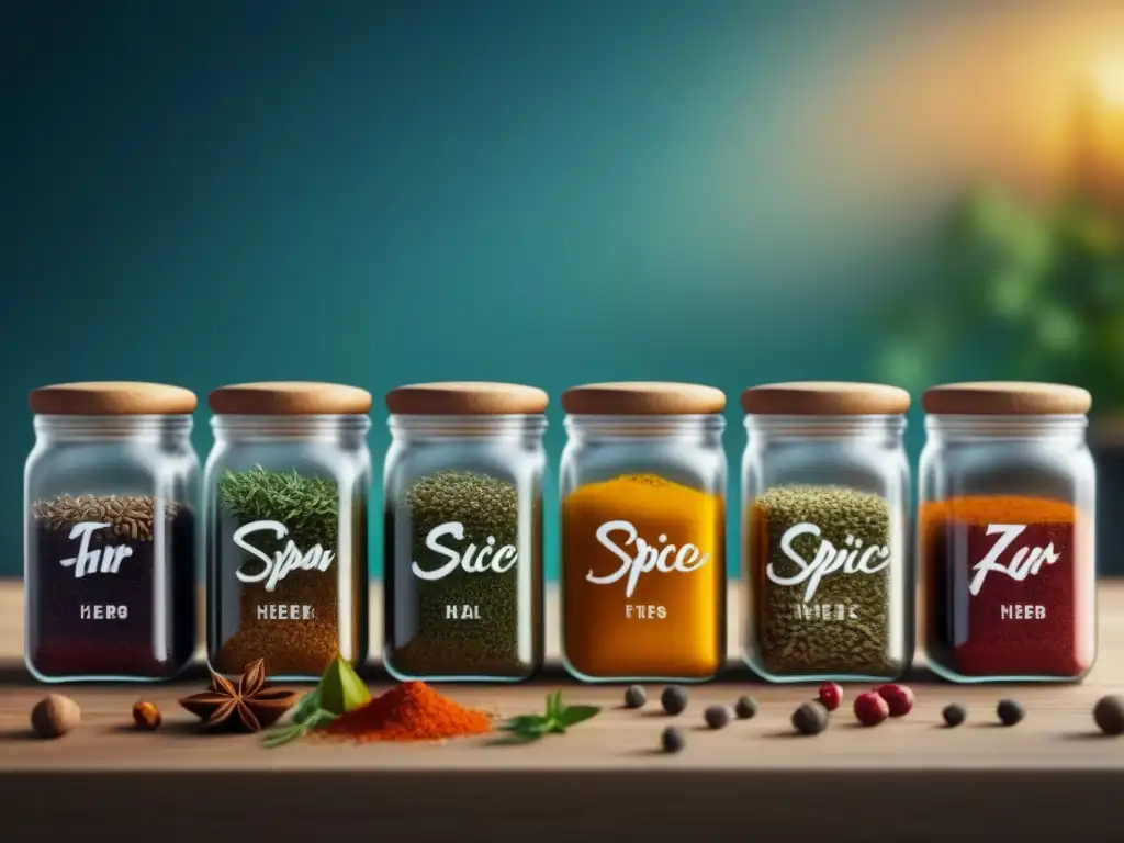 Delicias naturales: Especias y hierbas para una cocina consciente Una armoniosa composición de especias y hierbas en tarros de vidrio, con etiquetas elegantes en una encimera de cocina moderna
