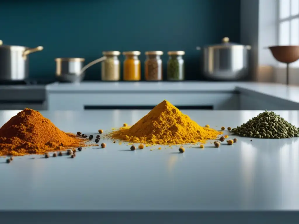 Una armoniosa composición de hierbas y especias Ayurvédicas en una cocina moderna