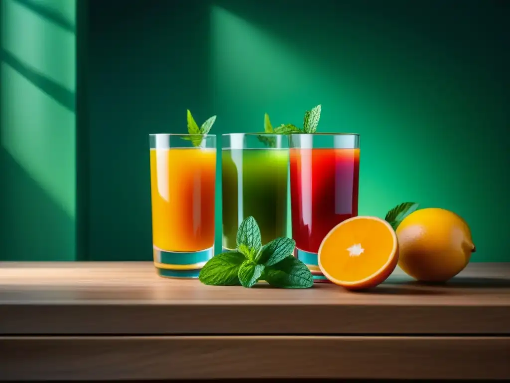 Armonía de colores: cinco jugos vibrantes en copas decoradas Una armoniosa composición de mesa con cinco vasos de jugos coloridos, decorados con frutas y menta