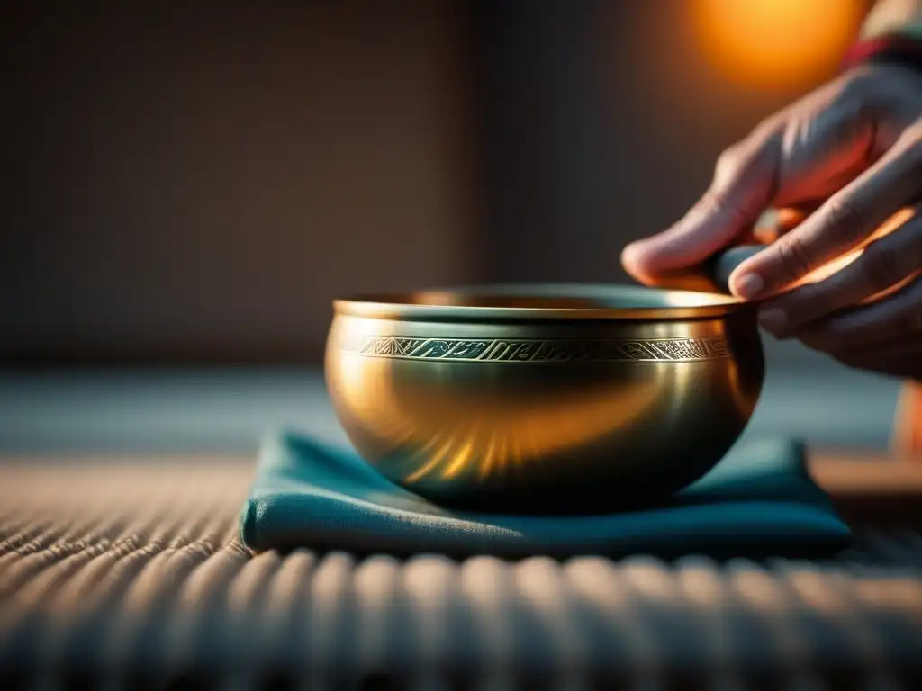Armoniosa meditación con cuenco tibetano en cojín texturizado, detalle elegante y luz natural