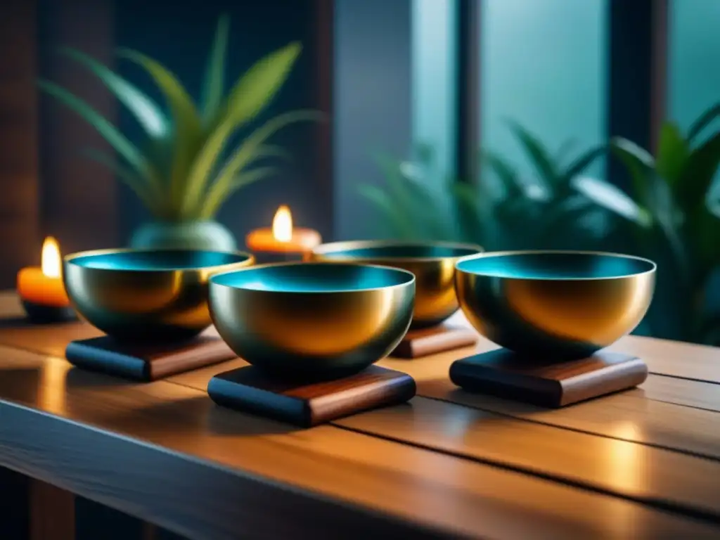 Singing bowls tibetanos: armonía y espiritualidad en un espacio tranquilo Armoniosa habitación con cuencos tibetanos en mesa de madera para limpieza energética
