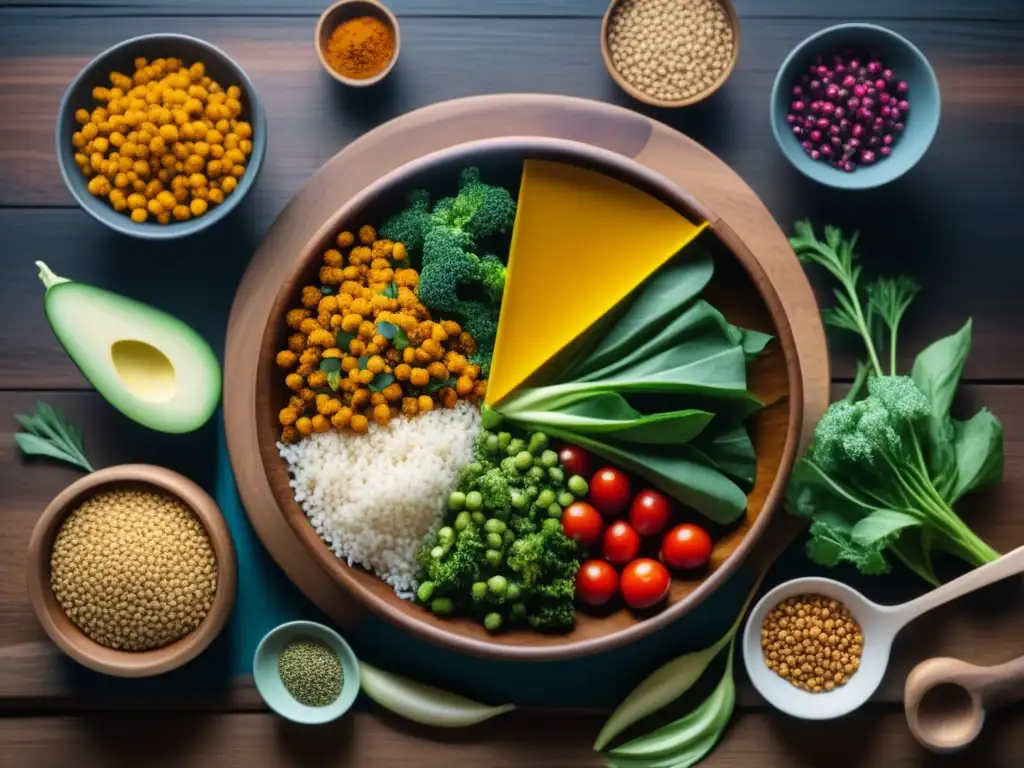 Una armoniosa y detallada ilustración de una comida ayurvédica equilibrada y serena en una mesa de madera